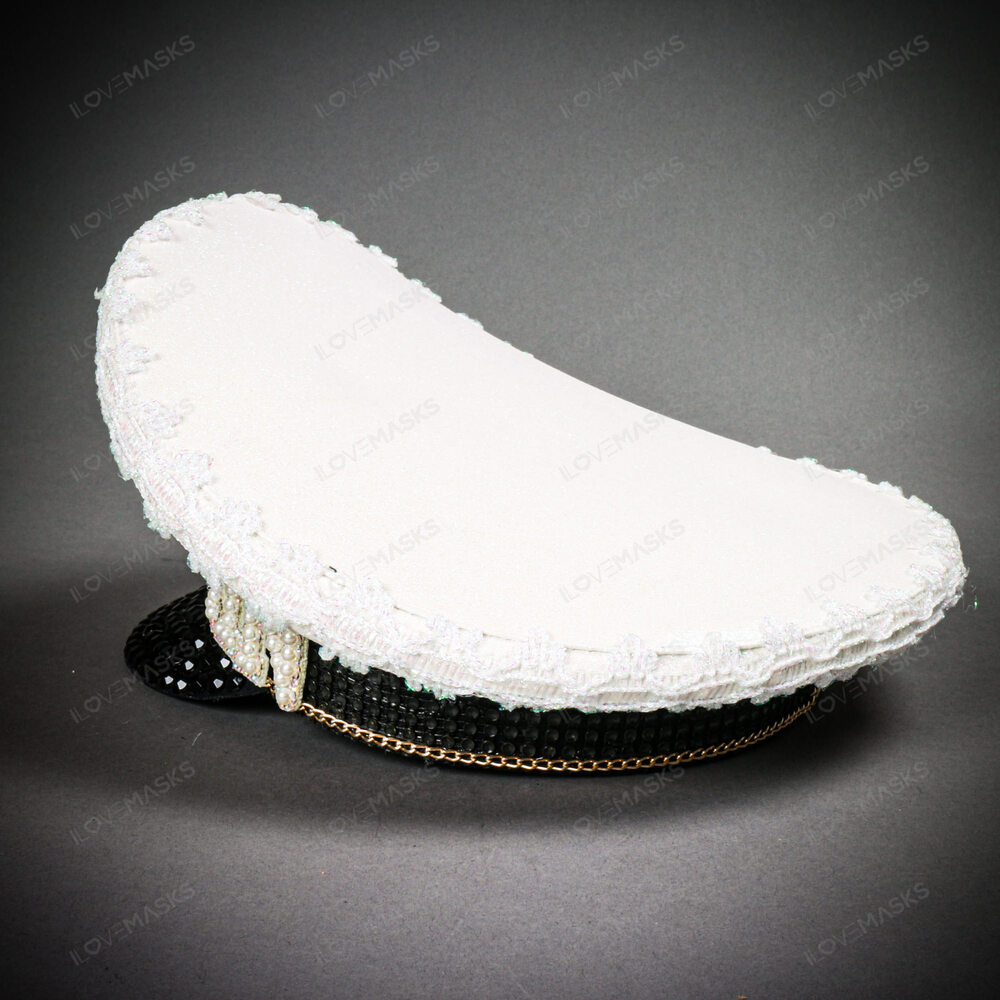 Captain Bling Rhinestone Sailor Hat White & Black Nautical Costume Cap - Picture 4 of 5